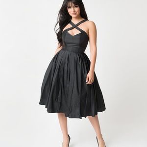 1950s Style Black Taffeta Cross Halter Dress